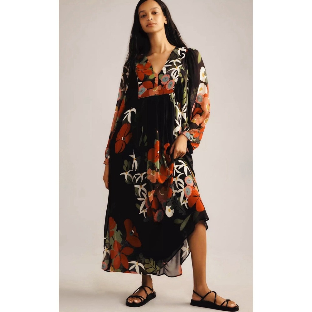 FARM RIO Anthropologie Floral Maxi Dress Black Red Long Sleeve XS - Picture 2 of 15